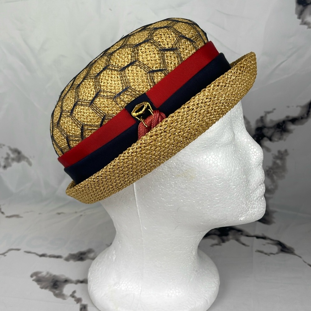 Jan Leslie Vintage Boater Hat Straw Red & Blue Grosgrain Ribbon Band Tassel Net